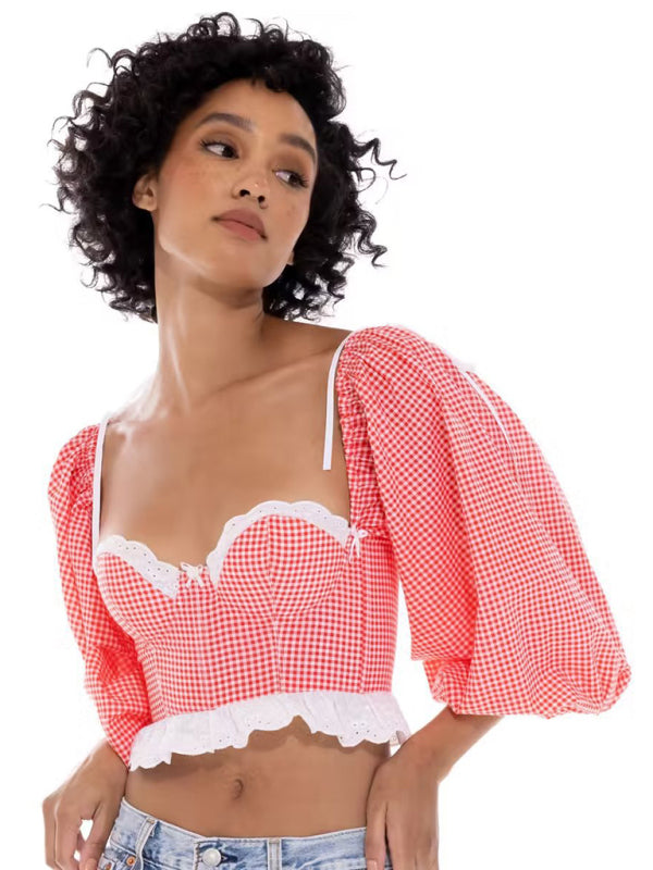 Blouses- Country Girl Vibes: Plaid Corset Crop Blouse - Balloon Sleeves Top- - Pekosa Women Clothing