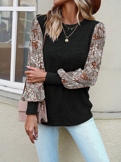 Blouses- Crew Neck Blouse - Floral Patchwork Top with Long Puff Sleeves- - Pekosa Women Clothing