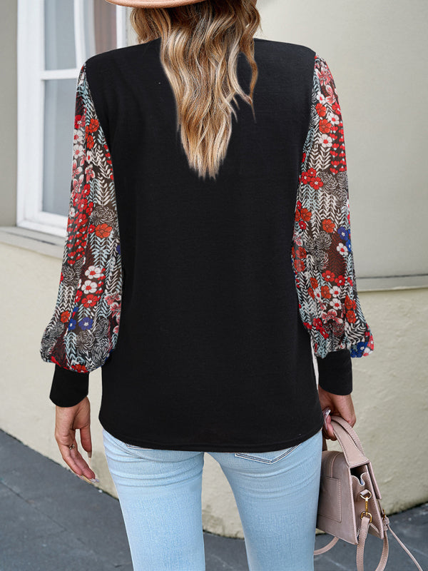 Blouses- Crew Neck Blouse - Floral Patchwork Top with Long Puff Sleeves- - Pekosa Women Clothing