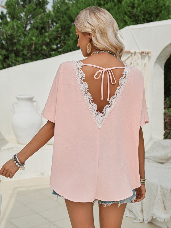 Blouses- Crew Neck Textured Top | Elegant V-Open Back Lace Blouse- - Pekosa Women Clothing