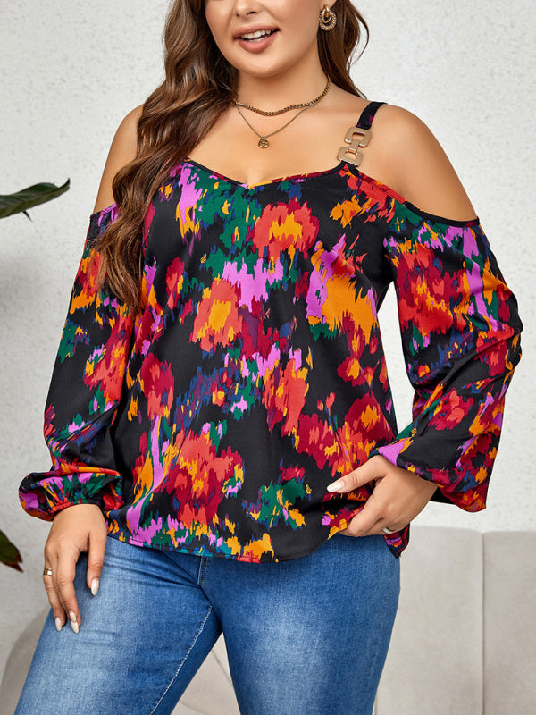 Blouses- Curvy Abstract Print Cold Shoulder Top - Long Sleeve Blouse- - Pekosa Women Fashion