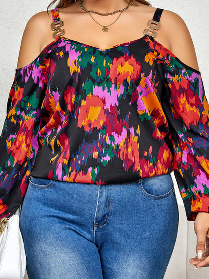 Blouses- Curvy Abstract Print Cold Shoulder Top - Long Sleeve Blouse- - Pekosa Women Fashion