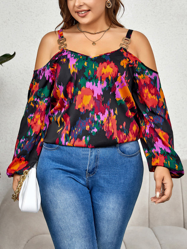 Blouses- Curvy Abstract Print Cold Shoulder Top - Long Sleeve Blouse- Black- Pekosa Women Fashion