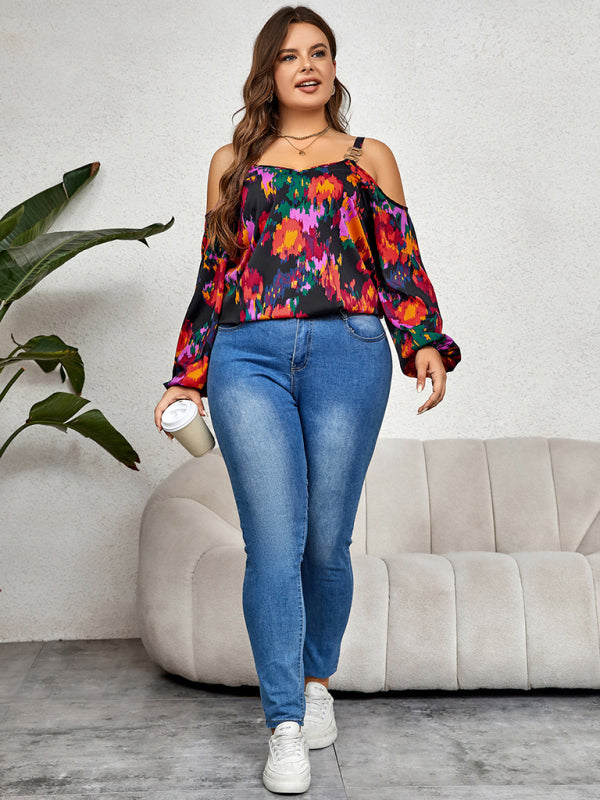 Blouses- Curvy Abstract Print Cold Shoulder Top - Long Sleeve Blouse- - Pekosa Women Fashion