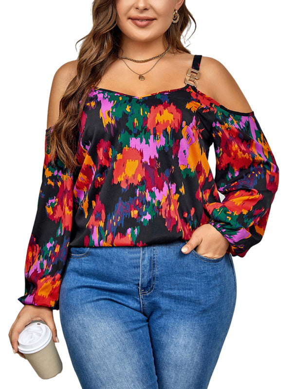 Blouses- Curvy Abstract Print Cold Shoulder Top - Long Sleeve Blouse- - Pekosa Women Fashion