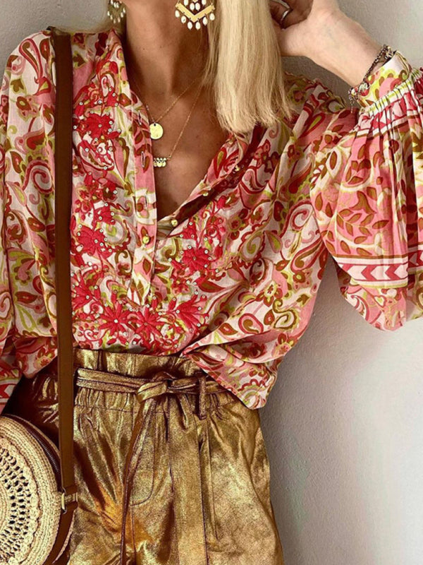 Blouses- Elegant Colorfull Paisley Lantern Sleeve Shirt Blouse- - Pekosa Women Clothing