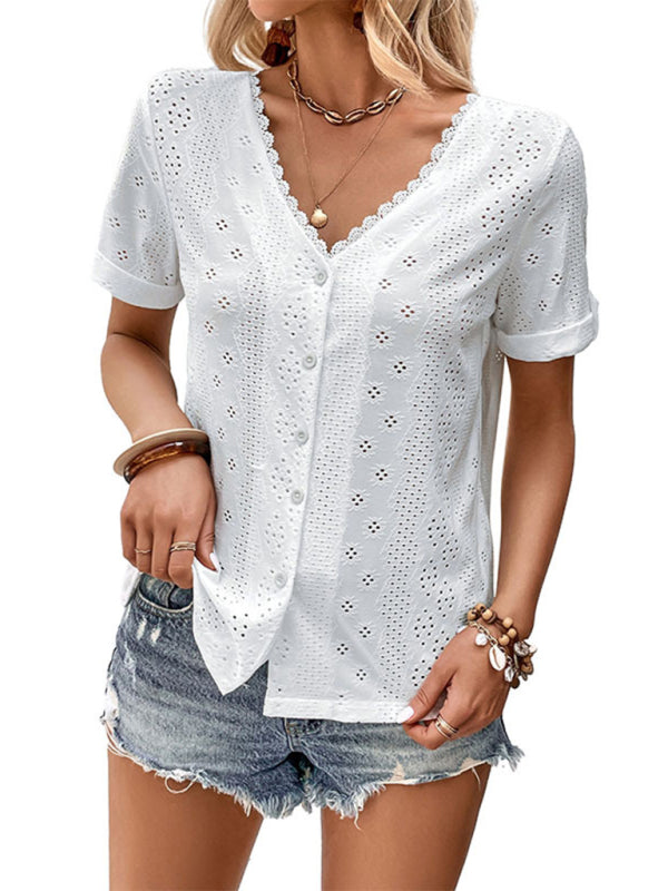 Blouses- Elegant Eyelet Buttoned Blouse: V-Neck, Short Sleeves, Versatile Fit- - Pekosa Women Clothing