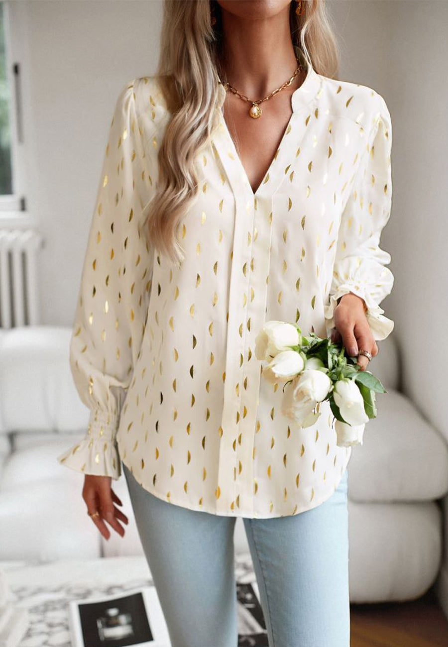 Blouses- Elegant Gold Chips Top - Notch Neck & Ruffle Cuffs Blouse- - Pekosa Women Clothing