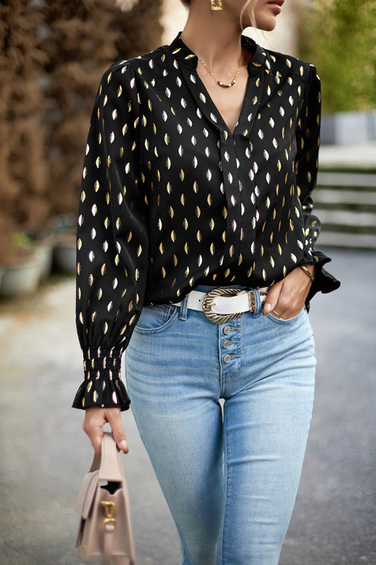 Blouses- Elegant Gold Chips Top - Notch Neck & Ruffle Cuffs Blouse- Black- Pekosa Women Clothing