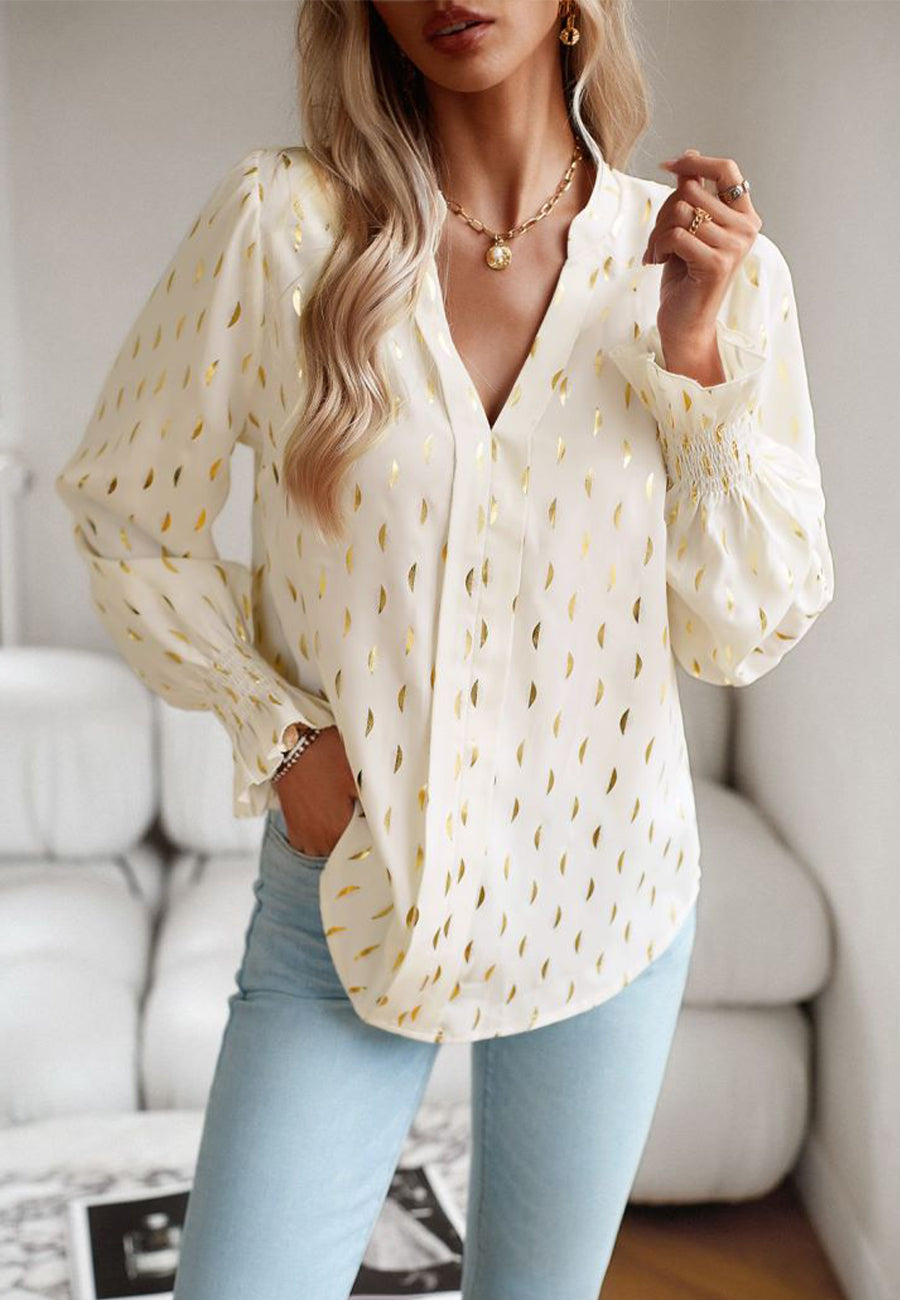 Blouses- Elegant Gold Chips Top - Notch Neck & Ruffle Cuffs Blouse- - Pekosa Women Clothing