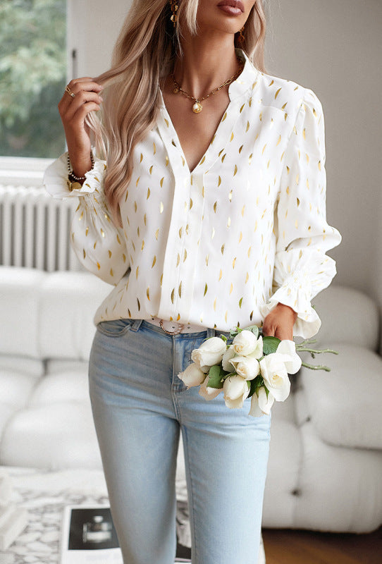 Blouses- Elegant Gold Chips Top - Notch Neck & Ruffle Cuffs Blouse- White- Pekosa Women Clothing