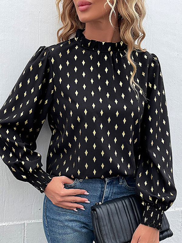 Blouses- Elegant Gold Print Blouse - Lantern Sleeve, Smocked Hem Top- - Pekosa Women Clothing