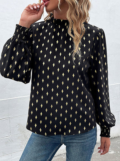 Blouses- Elegant Gold Print Blouse - Lantern Sleeve, Smocked Hem Top- - Pekosa Women Clothing