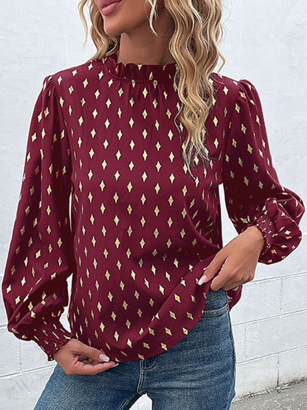 Blouses- Elegant Gold Print Blouse - Lantern Sleeve, Smocked Hem Top- Wine Red- Pekosa Women Clothing