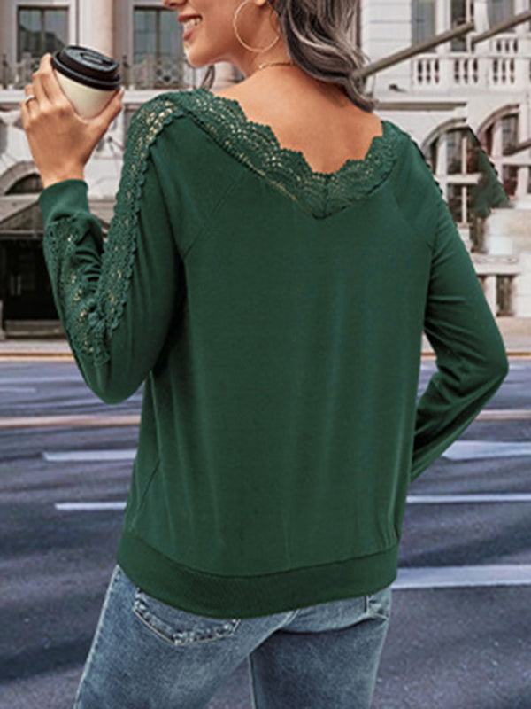 Blouses- Elegant Lace Accents Top - Long Sleeve V Neck Blouse- - Pekosa Women Clothing