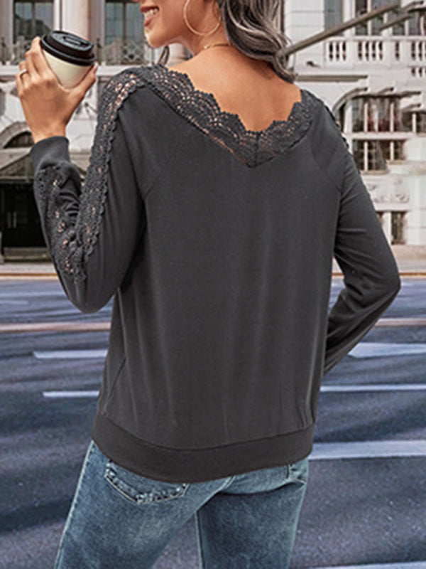 Blouses- Elegant Lace Accents Top - Long Sleeve V Neck Blouse- - Pekosa Women Clothing