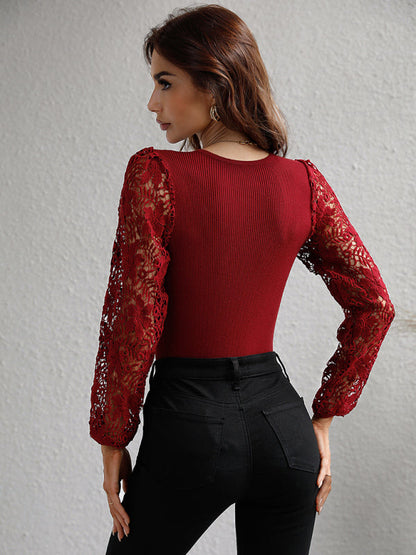 Blouses- Elegant Lace Delight: Women's Lace Long Sleeves Ribbed Blouses - Tops- - Pekosa Women Clothing