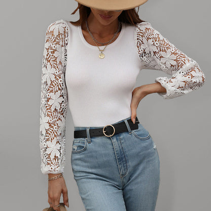 Blouses- Elegant Lace Delight: Women's Lace Long Sleeves Ribbed Blouses - Tops- White- Pekosa Women Clothing