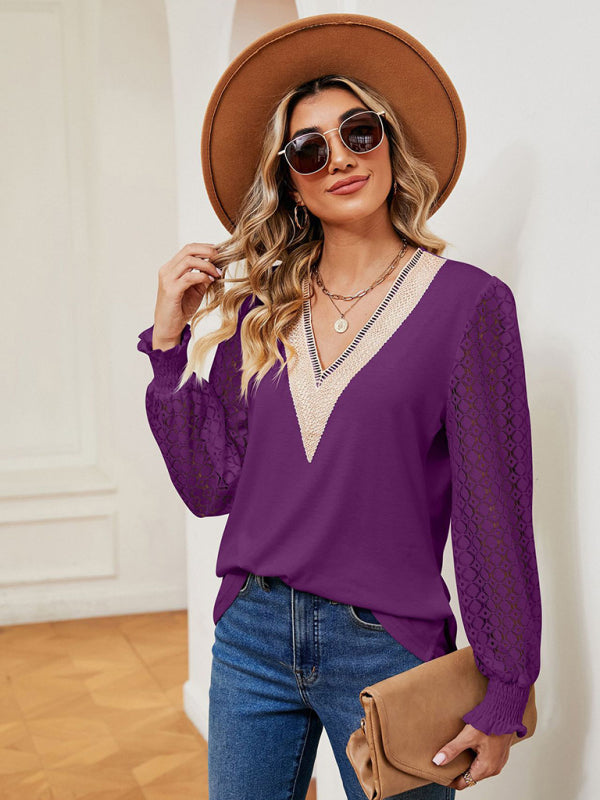 Blouses- Elegant Lace-Trimmed V-Neck Blouse with Bishop Long Sleeves- Purple- Pekosa Women Clothing