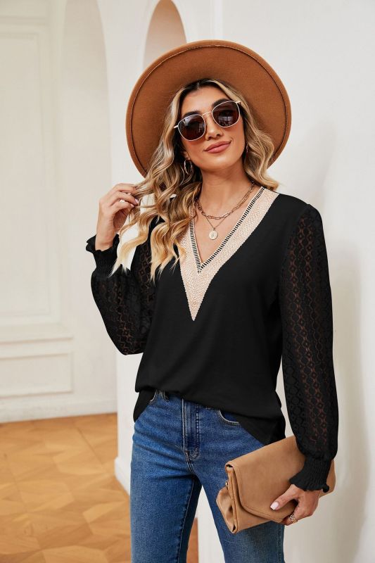 Blouses- Elegant Lace-Trimmed V-Neck Blouse with Bishop Long Sleeves- Black- Pekosa Women Clothing