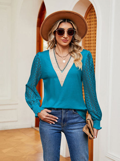 Blouses- Elegant Lace-Trimmed V-Neck Blouse with Bishop Long Sleeves- - Pekosa Women Clothing