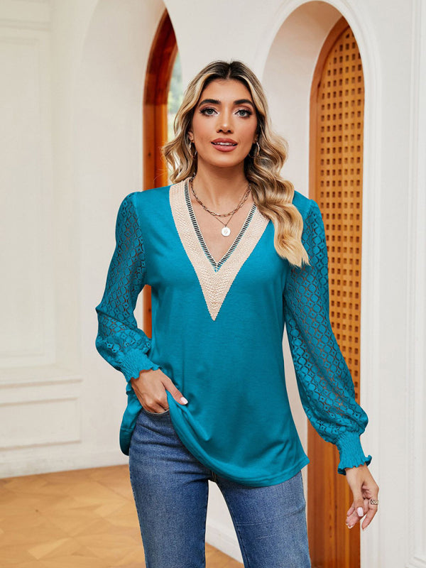 Blouses- Elegant Lace-Trimmed V-Neck Blouse with Bishop Long Sleeves- - Pekosa Women Clothing