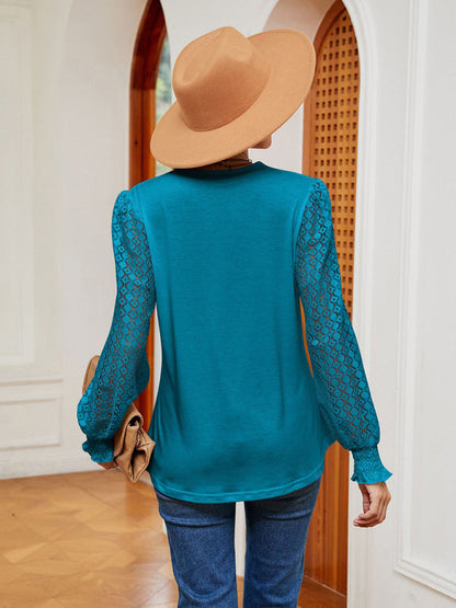 Blouses- Elegant Lace-Trimmed V-Neck Blouse with Bishop Long Sleeves- - Pekosa Women Clothing