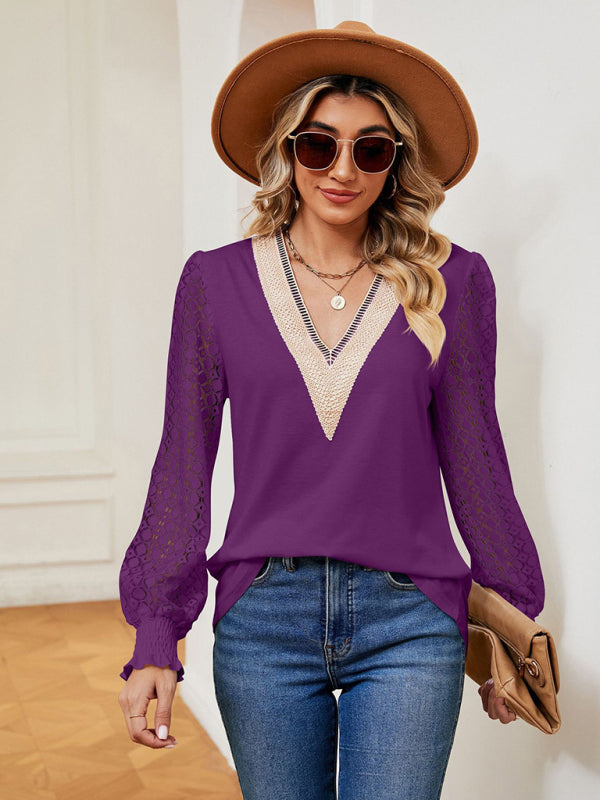 Blouses- Elegant Lace-Trimmed V-Neck Blouse with Bishop Long Sleeves- - Pekosa Women Clothing