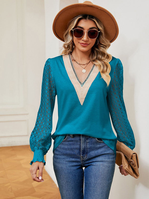 Blouses- Elegant Lace-Trimmed V-Neck Blouse with Bishop Long Sleeves- - Pekosa Women Clothing