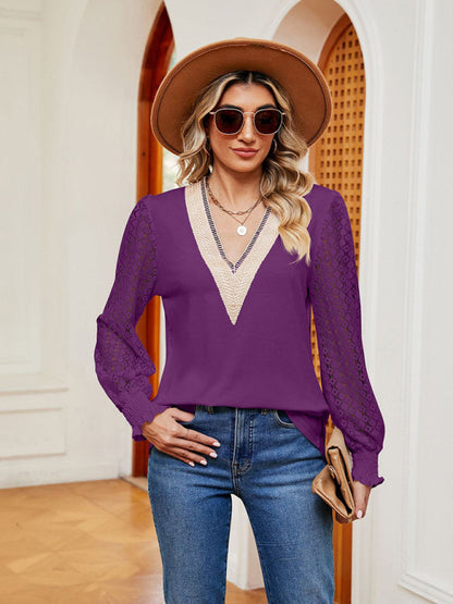 Blouses- Elegant Lace-Trimmed V-Neck Blouse with Bishop Long Sleeves- - Pekosa Women Clothing