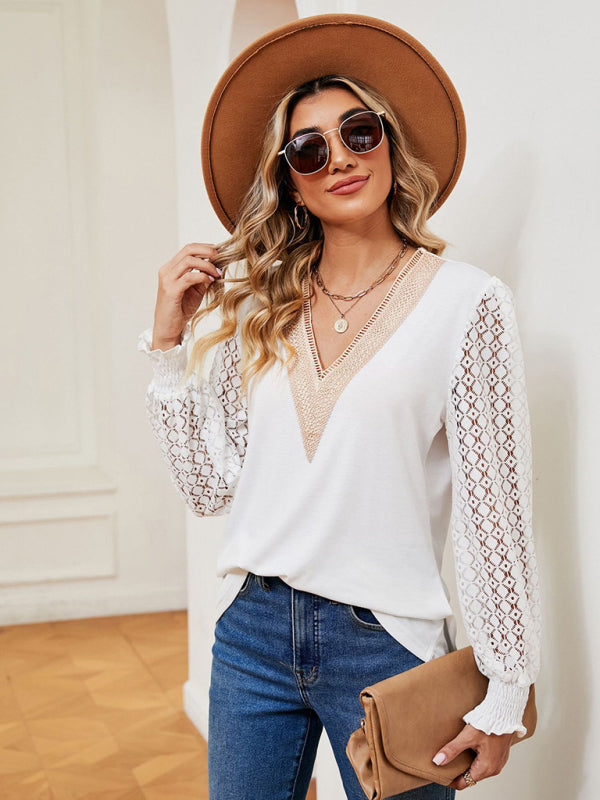 Blouses- Elegant Lace-Trimmed V-Neck Blouse with Bishop Long Sleeves- White- Pekosa Women Clothing