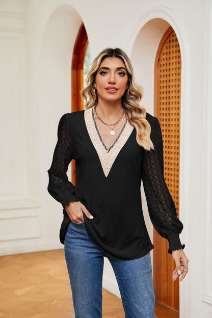 Blouses- Elegant Lace-Trimmed V-Neck Blouse with Bishop Long Sleeves- - Pekosa Women Clothing