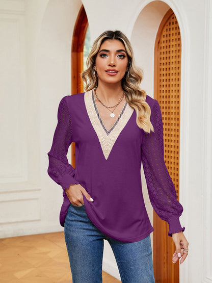 Blouses- Elegant Lace-Trimmed V-Neck Blouse with Bishop Long Sleeves- - Pekosa Women Clothing