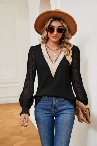 Blouses- Elegant Lace-Trimmed V-Neck Blouse with Bishop Long Sleeves- - Pekosa Women Clothing