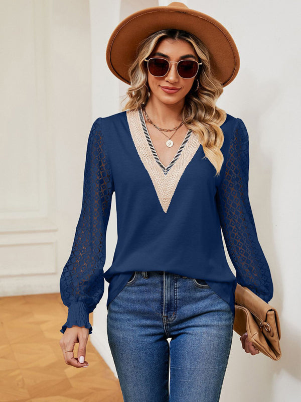 Blouses- Elegant Lace-Trimmed V-Neck Blouse with Bishop Long Sleeves- - Pekosa Women Clothing