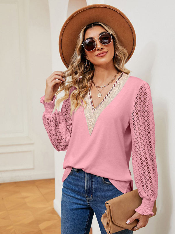 Blouses- Elegant Lace-Trimmed V-Neck Blouse with Bishop Long Sleeves- Pink- Pekosa Women Clothing