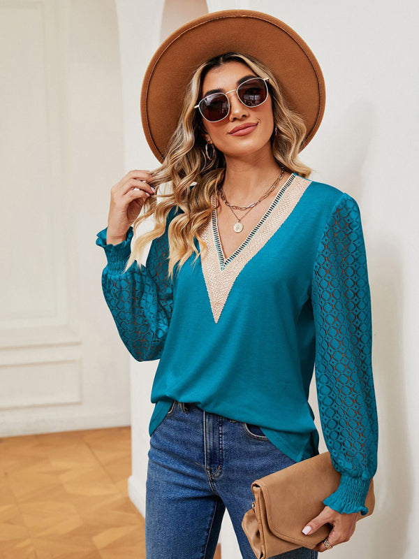 Blouses- Elegant Lace-Trimmed V-Neck Blouse with Bishop Long Sleeves- Blue- Pekosa Women Clothing