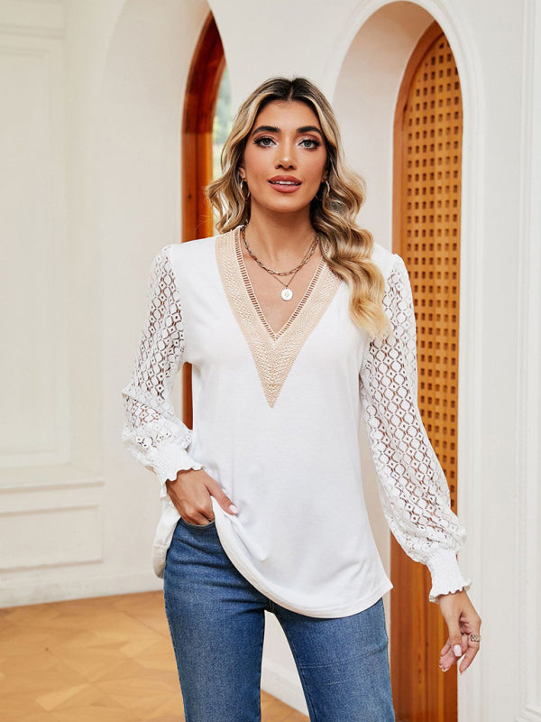 Blouses- Elegant Lace-Trimmed V-Neck Blouse with Bishop Long Sleeves- - Pekosa Women Clothing