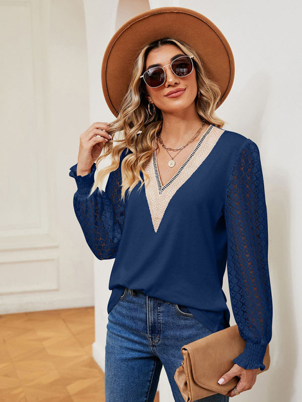 Blouses- Elegant Lace-Trimmed V-Neck Blouse with Bishop Long Sleeves- Purplish blue navy- Pekosa Women Clothing