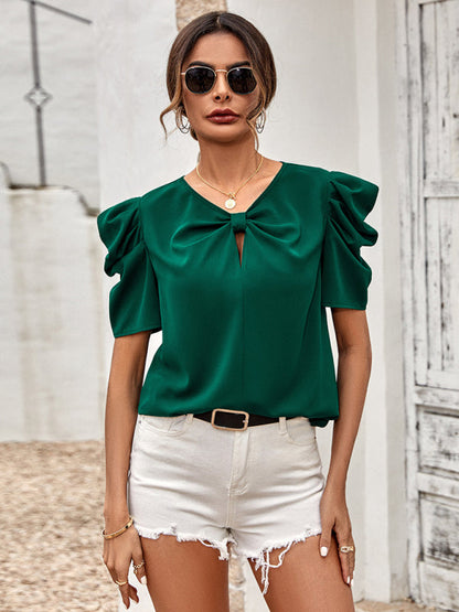 Blouses- Elegant Pleated Puff Sleeve Blouse - Keyhole Back, Round Neck Top- - Pekosa Women Clothing