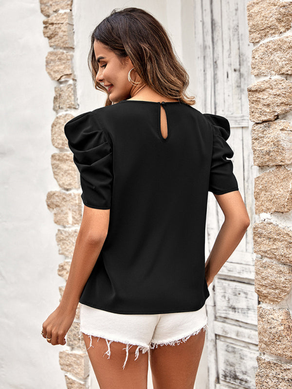 Blouses- Elegant Pleated Puff Sleeve Blouse - Keyhole Back, Round Neck Top- - Pekosa Women Clothing