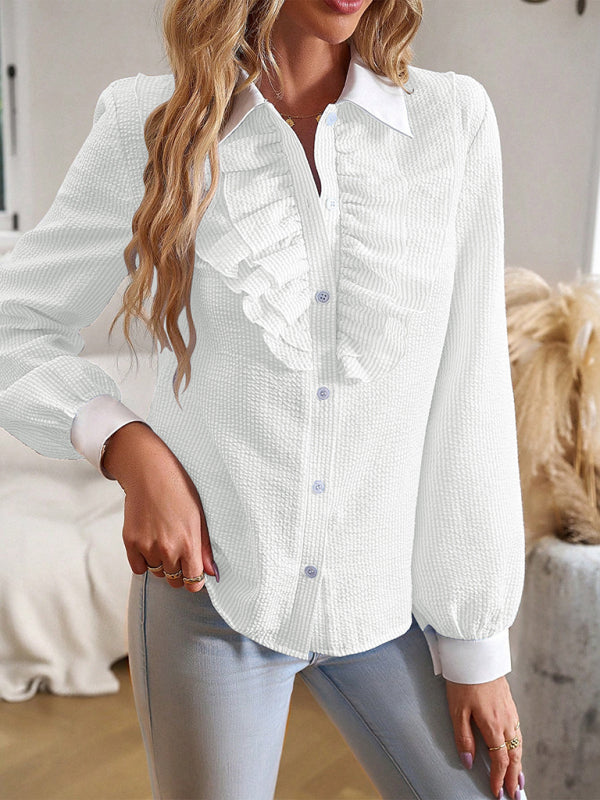 Blouses- Elegant Textured Long Sleeve Blouse | Button-Up with Ruffle Shirt- - Pekosa Women Clothing