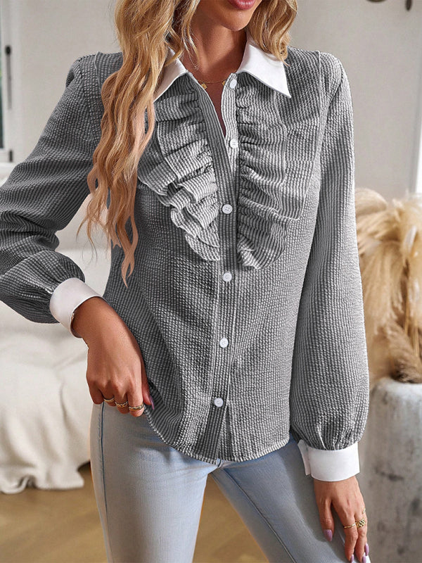 Blouses- Elegant Textured Long Sleeve Blouse | Button-Up with Ruffle Shirt- - Pekosa Women Clothing