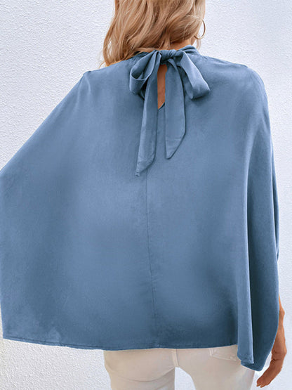 Blouses- Elegant Women's Batwing Sleeves Blouse: Stand Collar, Tie Back- - Pekosa Women Clothing