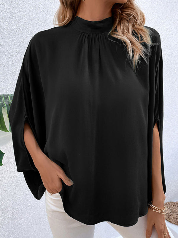 Blouses- Elegant Women's Batwing Sleeves Blouse: Stand Collar, Tie Back- - Pekosa Women Clothing