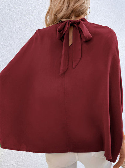 Blouses- Elegant Women's Batwing Sleeves Blouse: Stand Collar, Tie Back- - Pekosa Women Clothing