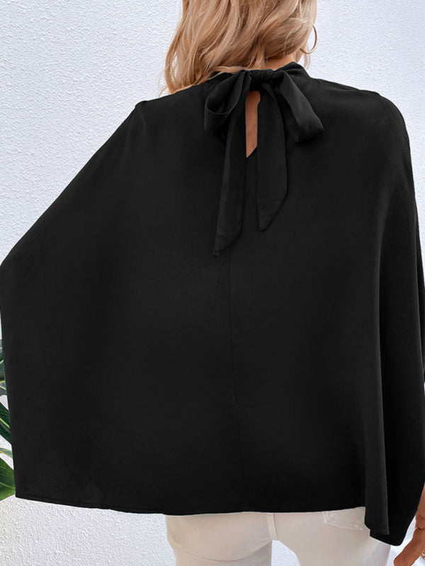 Blouses- Elegant Women's Batwing Sleeves Blouse: Stand Collar, Tie Back- - Pekosa Women Clothing