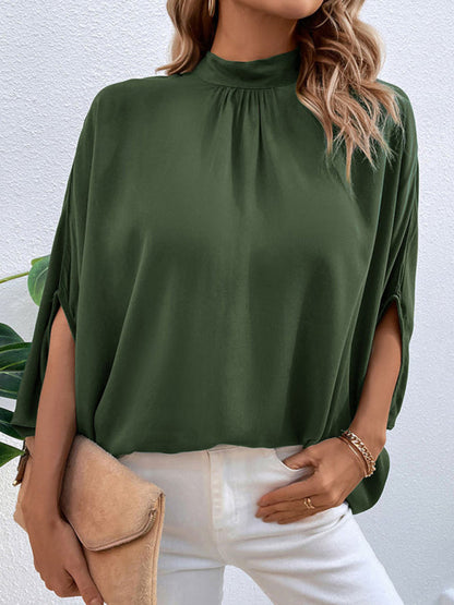 Blouses- Elegant Women's Batwing Sleeves Blouse: Stand Collar, Tie Back- - Pekosa Women Clothing