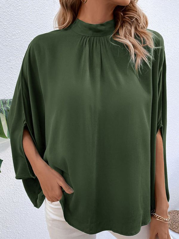 Blouses- Elegant Women's Batwing Sleeves Blouse: Stand Collar, Tie Back- - Pekosa Women Clothing