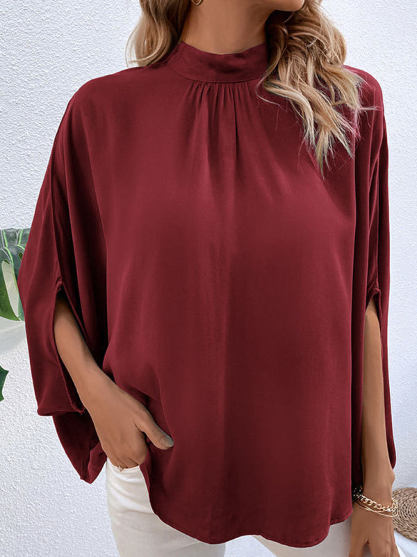 Blouses- Elegant Women's Batwing Sleeves Blouse: Stand Collar, Tie Back- - Pekosa Women Clothing